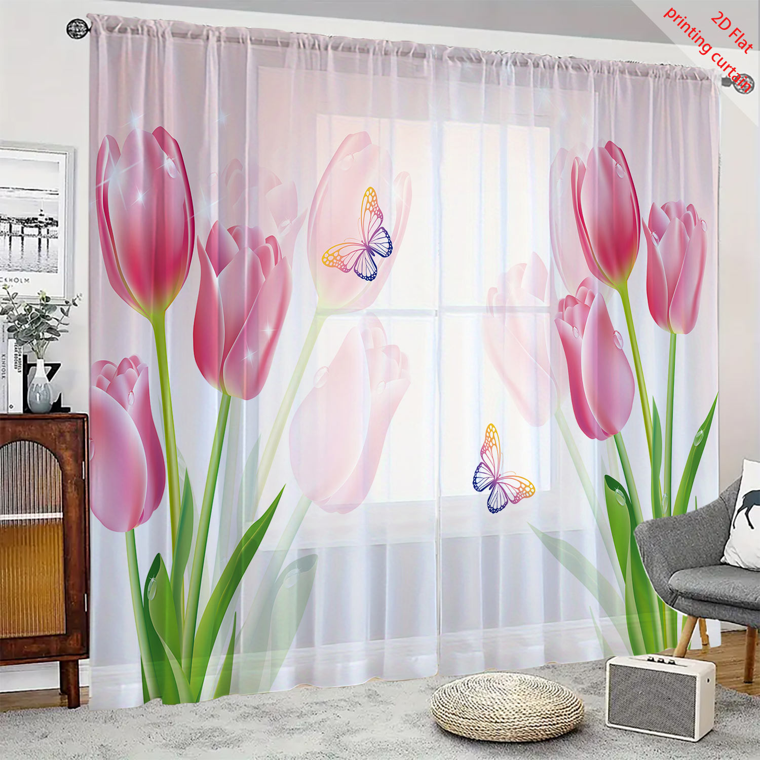 Home Office Windows - Pembe lale desenli şeffaf gazlı bez