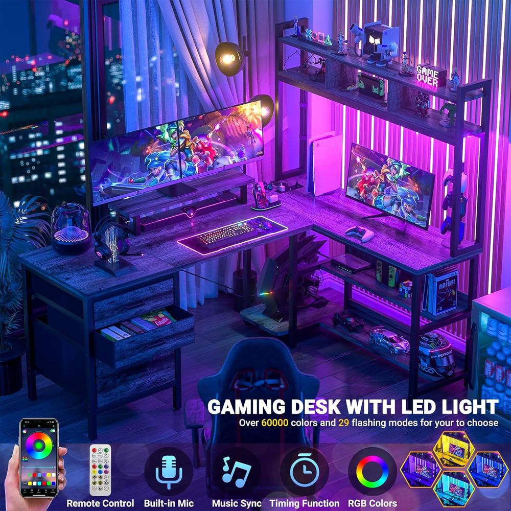 LED Oyun Işıklı, Çift Yönlü El - Home Office L Shaped Desk incelemesi ve fiyatı
